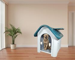 Dog House, Kennel, Indoor / Outdoor Pet House, Portable Dog Shelter, Durable Plastic Dog House, Beautiful design, Easy to Assemble, Grey + Blue-Green mix color cage, 75 cm height